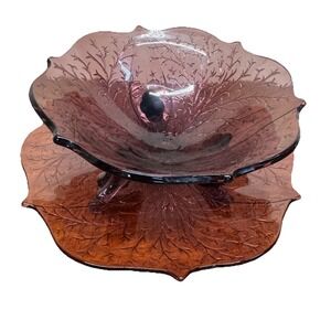 Vintage Fenton Silvertone Wisteria Footed Purple Glass Bonbon Set Of Two